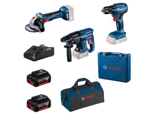 BOSCH Akkus erőcsomag GSR 185-LI + GWS 180-LI + GBH 180-LI + táska (2 x 4,0 Ah akku + töltő)