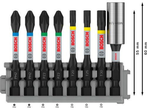 BOSCH PRO Bithegy készlet 8 r. 50 mm + tartó (PH2 x 2, PZ2 x 2, T20, T25, T30) Pick & Click