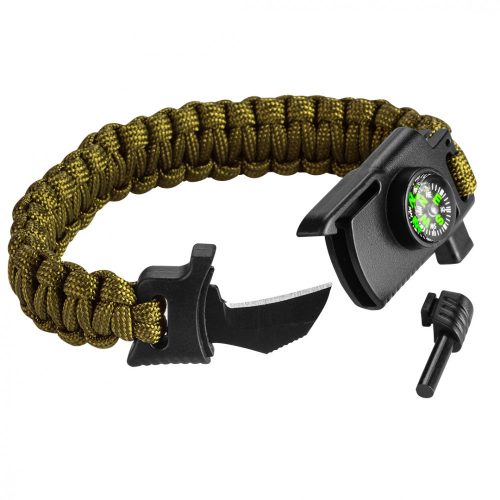 NEO Túlélő karkötő 5 az 1-ben: 3.5m paracord(250kg-ig), kovakő, iránytű, kés, síp, zöld, szélessége 26mm