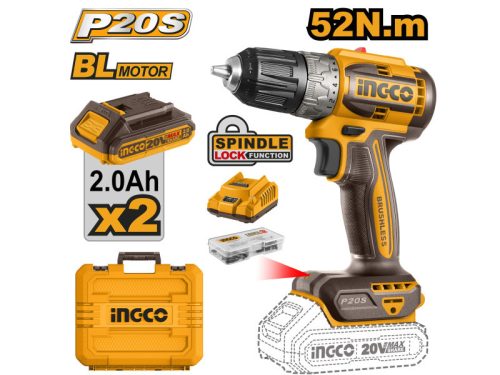 INGCO Akkus fúró-csavarozó 52 Nm szénkefe nélküli 20 V (2 x 2,0 Ah akku + töltő)