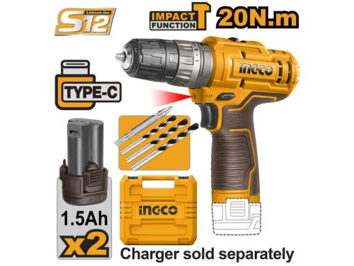 INGCO Akkus ütvefúró-csavarozó 20 Nm 12 V (2 x 1,5 Ah akkus, töltő kábel nélkül)