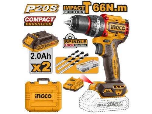 INGCO Akkus ütvefúró-csavarozó 66 Nm szénkefe nélküli 20 V (2 x 2,0 Ah akku + töltő)