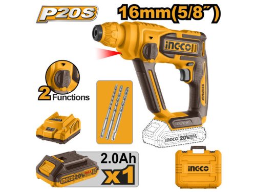 INGCO Akkus kombikalapács 1,5 J SDS-Plus szénkefe nélküli 20 V (1 x 2,0 Ah akku + töltő)
