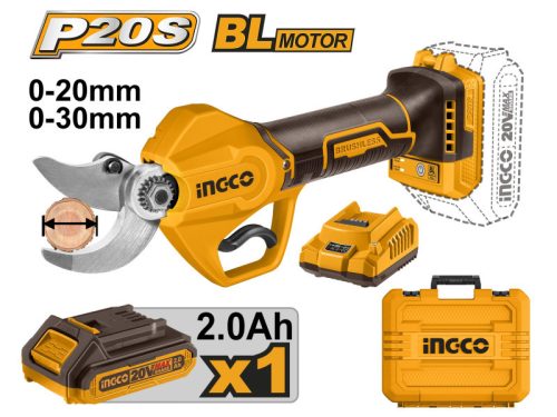 INGCO Akkus metszőolló 25 mm szénkefe nélküli 20 V (1 x 2,0 Ah akku + töltő)