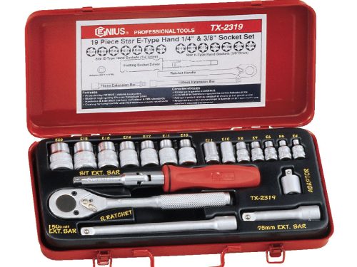 Genius dugókulcs készlet, E-torx, 1/4 és 3/8", 19 darabos