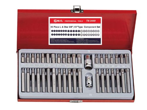 Genius T-torx, imbusz, XZN bit készlet + 3/8" és 1/2" dugókulcs foglalat, 40 darabos