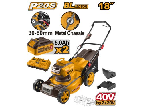 INGCO Akkus fűnyíró 460 mm 2 x 20 V szénkefe nélküli (2 x 5,0 Ah akku + töltő)