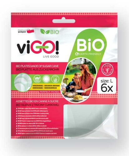 viGO! BIO cukornád tányér kerek 22 cm, 6 db PLA tasakban