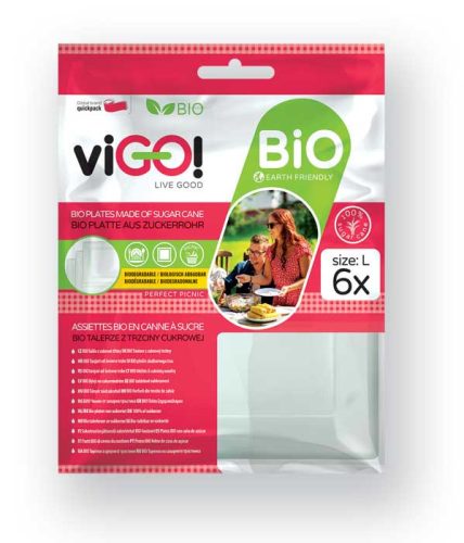 viGO! BIO cukornád tányér négyzet alakú 20 cm, 6 db PLA tasakban