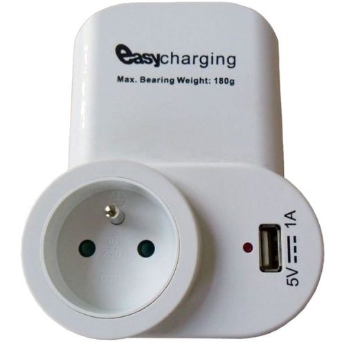 SOLIGHT - USB töltőadapter folyamatos aljzattal, 1000mA, telefontartó, fehér