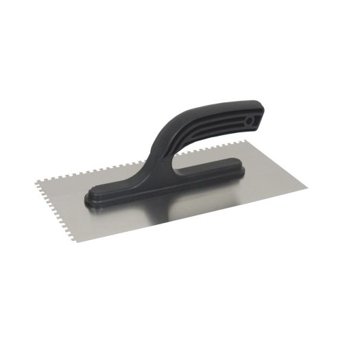 Rozsdamentes acél simító 270x130 mm, fogazott, fog 4mm, műanyag nyél