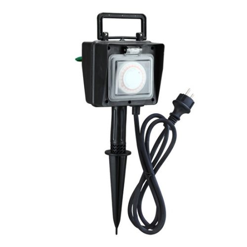 SOLIGHT - kerti oszlop IP44, 2 aljzat + időzítő, gumi kábel 1,5 m