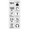 YATO Akkus ütvecsavarozó 1/4" 160 Nm 18 V Li-Ion (1 x 2,0 Ah akku + töltő)