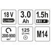 YATO Akkus sarokcsiszoló 125 mm szénkefe nélküli 18 V Li-Ion (1 x 3,0 Ah akku + töltő)