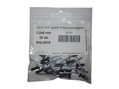 EcoPop nyitott D-fejű popszegecs 3,2x8 RAL8019 (20 db)